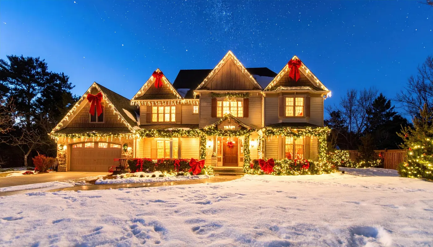 Snowy two-story home at dusk with warm white Christmas lights tracing the roofline, garland around the entryway, and red bows on the gables