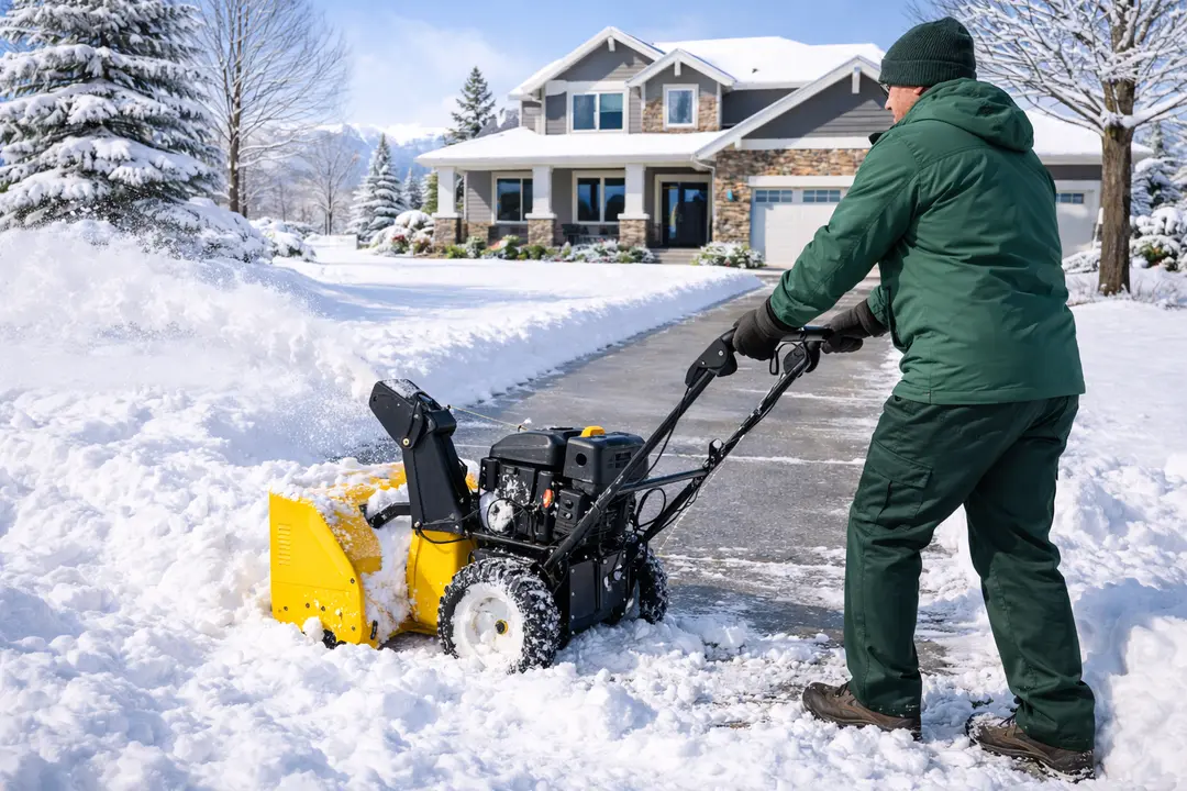 Professional snow blower clearing a residential driveway