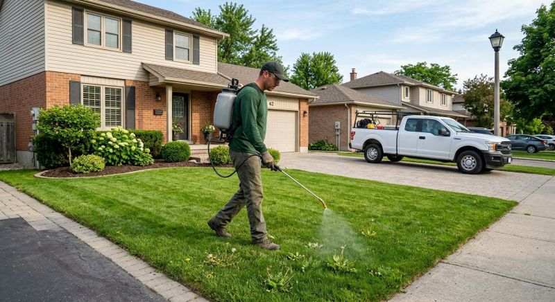 Technician applying weed control to a residential lawn